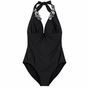 Gideon Oberson Womens 12 Black Halter One Piece Swimsuit Rosette Embellished